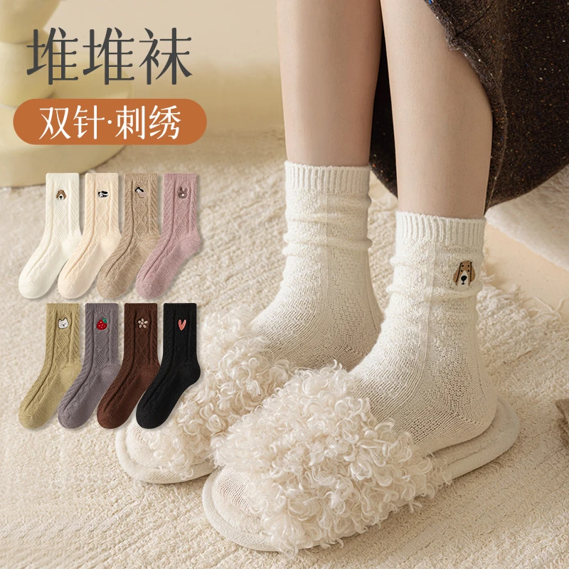 毛绒粗针双针刺绣女袜德绒自发热秋冬季加厚袜子女中筒袜堆堆袜