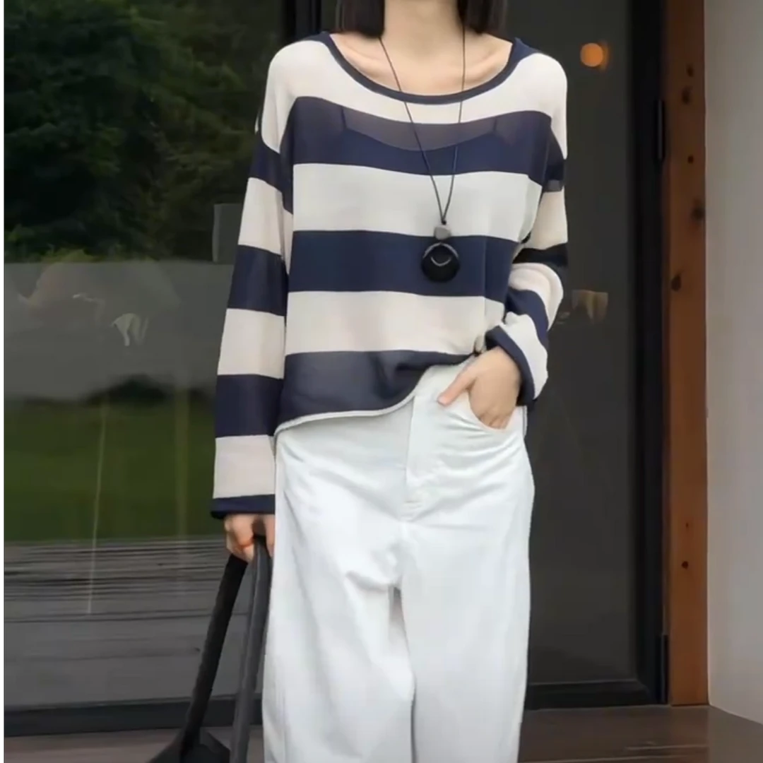 新款洋气气质条纹长袖上衣休闲阔腿裤女装1