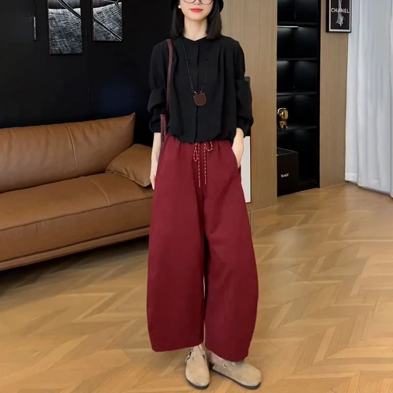 早秋穿搭简约纯色长袖圆领短款衬衫T恤女高腰宽松休闲显瘦长裤