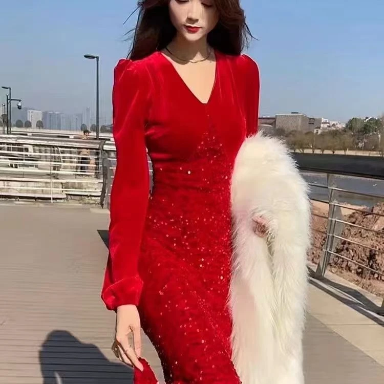 新款洋气显瘦亮片拼接气质连衣裙