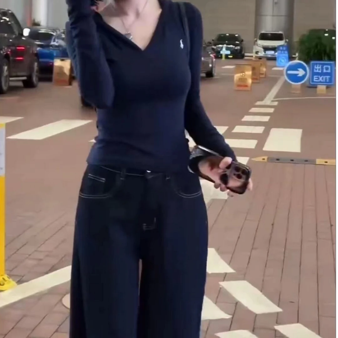 1新款时尚洋气V领连帽长袖上衣高腰阔腿裤女装