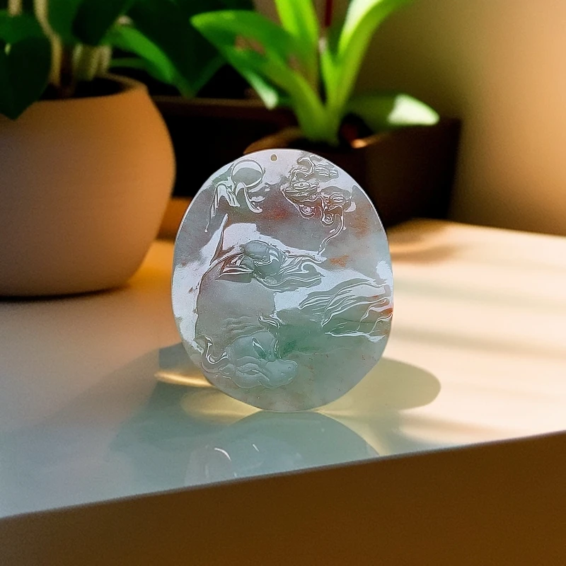 280~天然翡翠A货冰透精雕古法磨沙特色鸿运当头吊坠俏色挂件