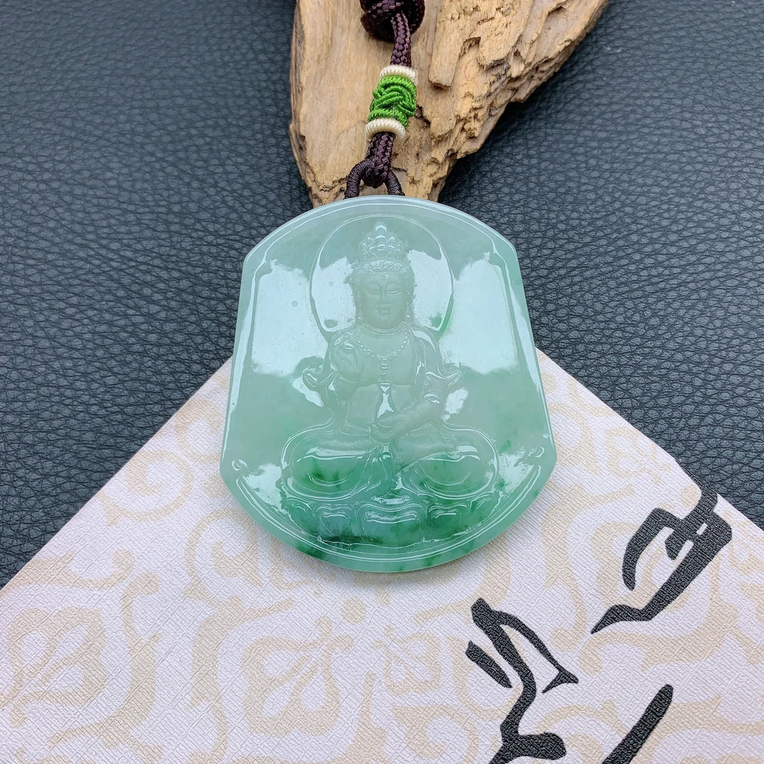 305~天然翡翠A货冰透精雕古法磨沙净瓶观音吊坠精美飘花满绿挂件