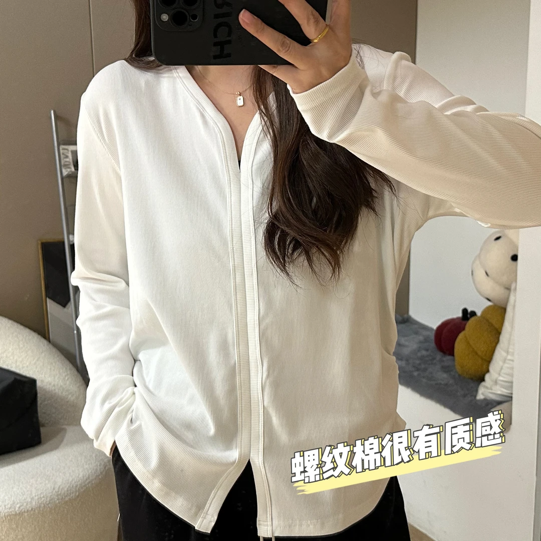 【E134】下摆开叉纯色显瘦打底衫女秋季百搭显瘦长袖V领T恤上衣