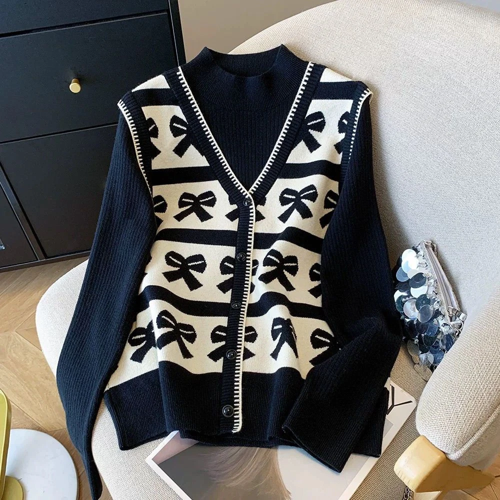 今年流行的秋冬爆款提花假两件半高领毛衣女士气质宽松打底衫上衣