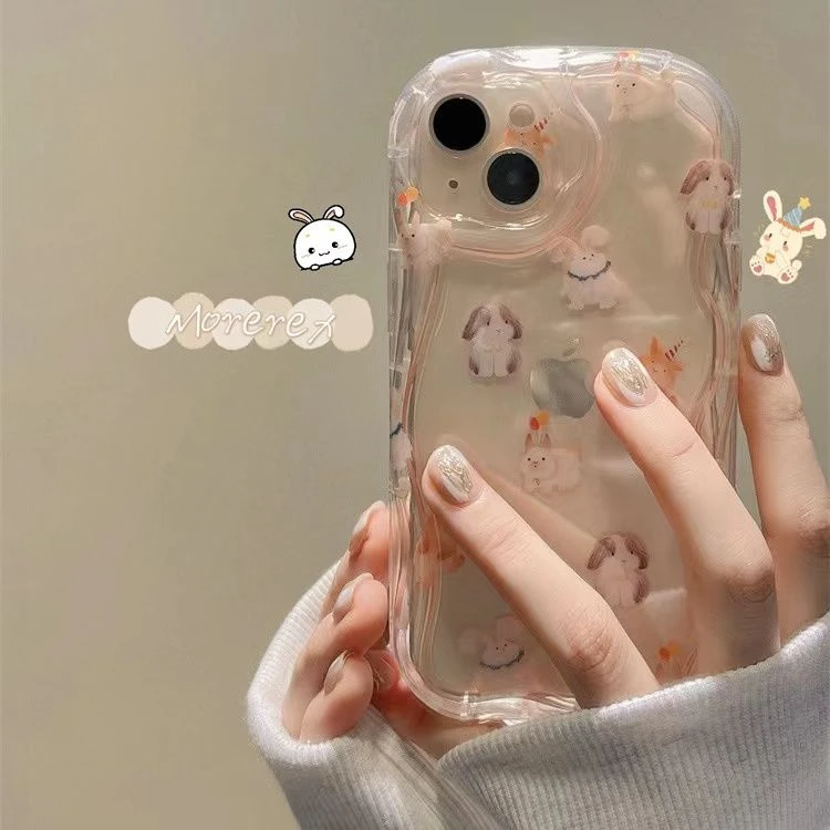 适用卡通可爱兔子iPhone14promax苹果13手机壳12女11波浪边透明防