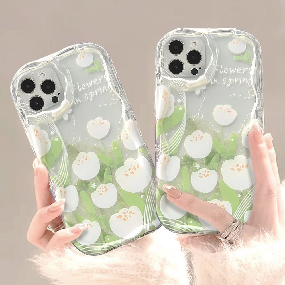 适用奶油纹仙女森系郁金香适用iPhone14pro13手机壳苹果12/11软壳