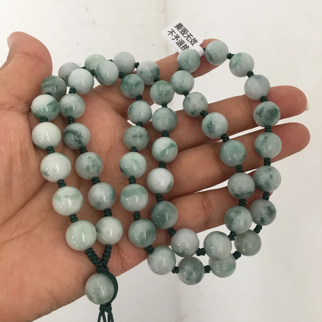 天然翡翠玉飘花圆珠路路通珠链卡10圆珠路路通吊坠绳链男款玉石链