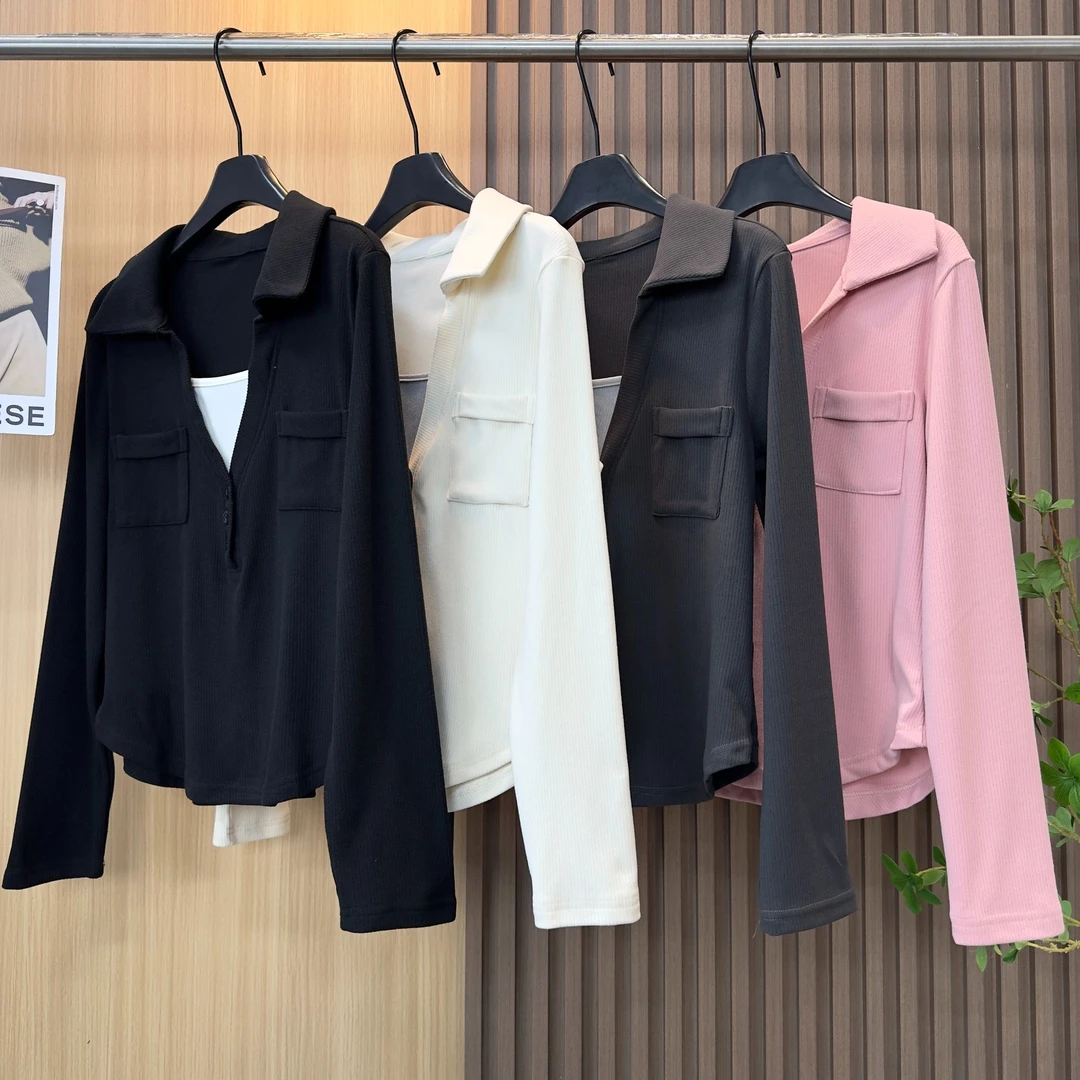 秋冬新款大码翻领长袖T恤假两件上衣