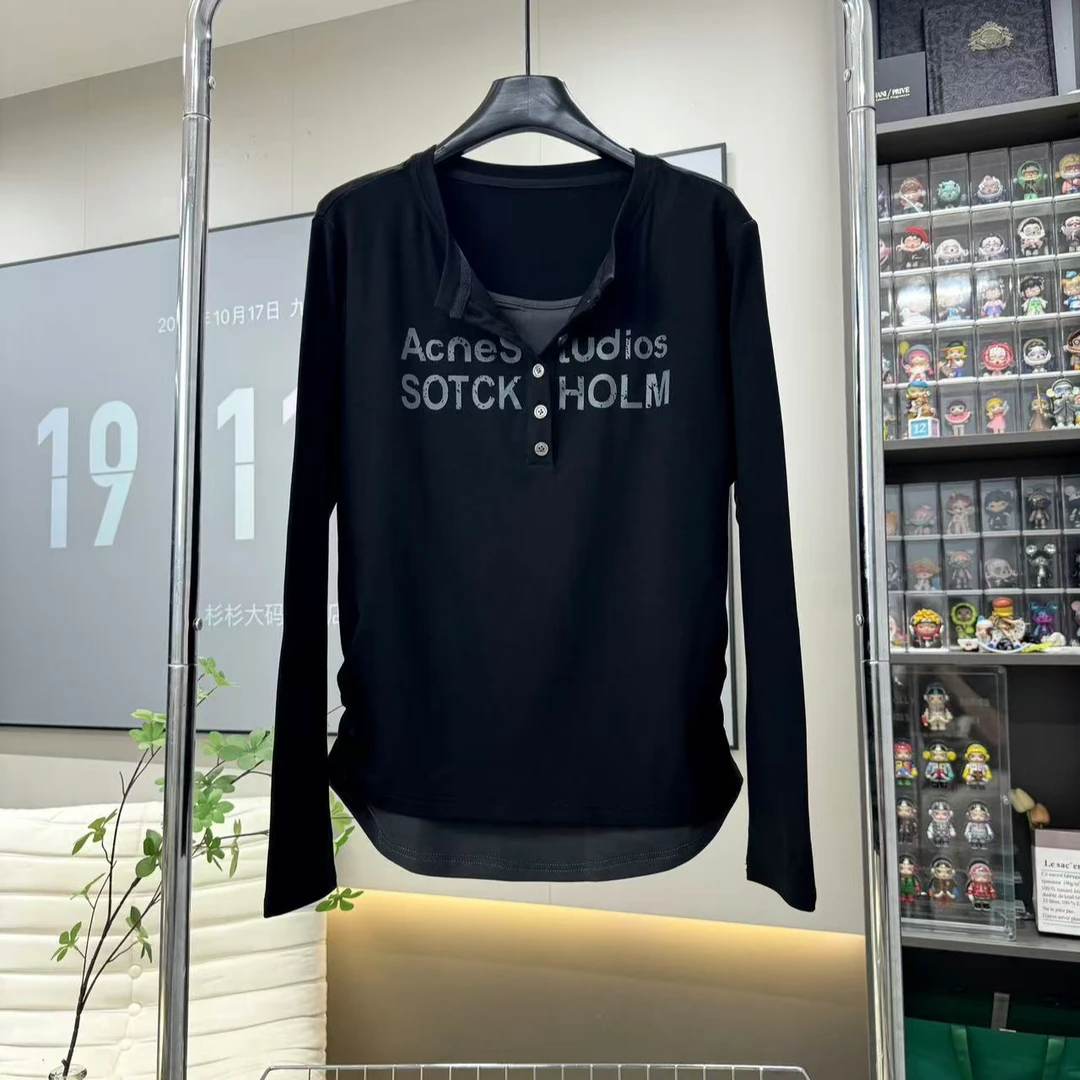 新款设计感长袖磨毛显瘦T恤假两件上衣