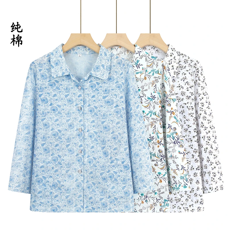 纯棉衬衫女老年人女装妈妈棉衬衣奶奶装衣服春装老太太夏装套装