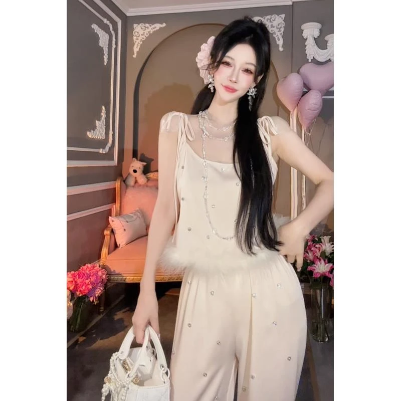 【崔】幻羽 复古纯欲辣妹设计感珠珠毛毛吊带上衣阔腿裤套装12114