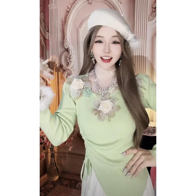 【崔】Z0057立体玫瑰花露肩针织衫秋冬长袖修身显瘦短款毛衣