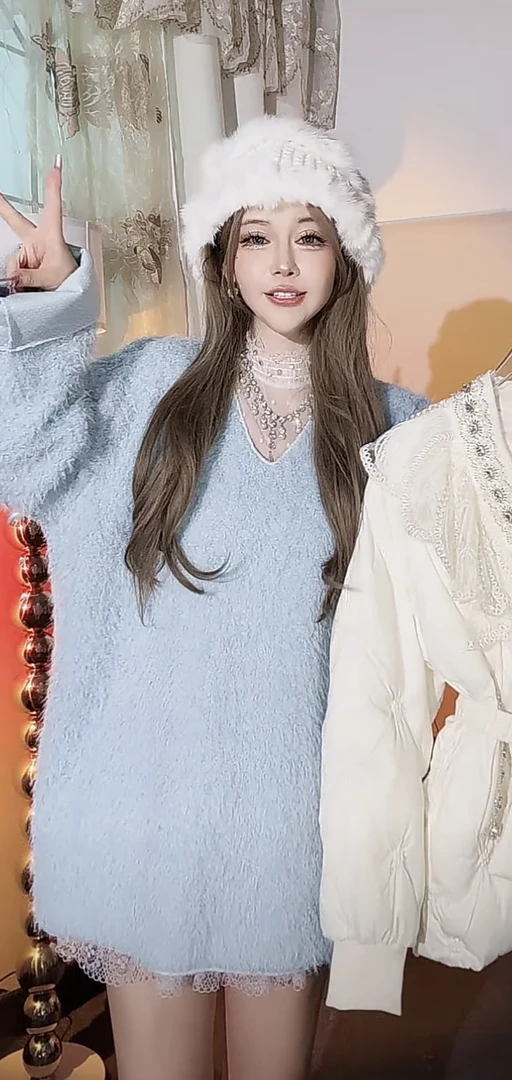 【崔】W0036 毛绒秋冬韩版慵懒风V领毛绒绒宽松卫衣时尚百搭