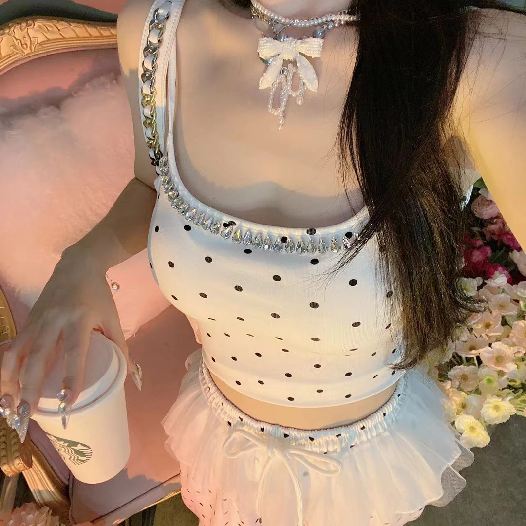 【崔】巴比伦恋人 甜系少女波点修身花边吊带背心上衣242255
