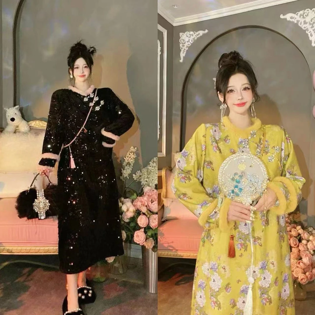 【崔】长安令 新中式高级感复古盘扣毛边重工国风气质旗袍连衣裙