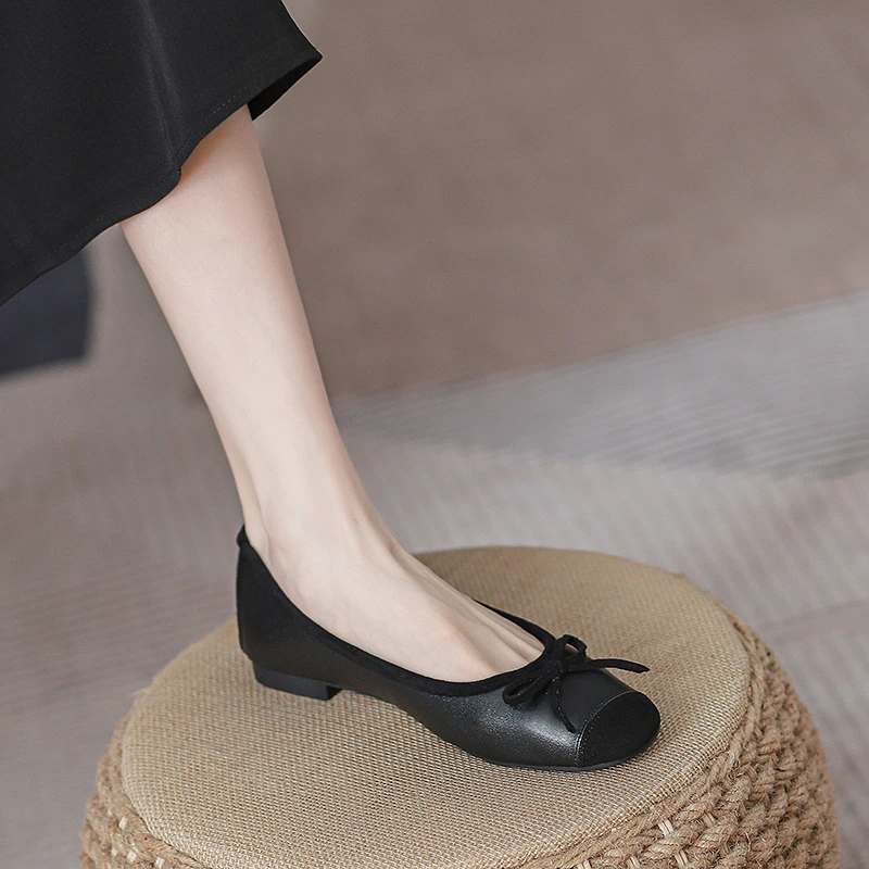 真皮小香风圆头单鞋新款法式黑色平跟女鞋蝴蝶结软底平底芭蕾舞鞋