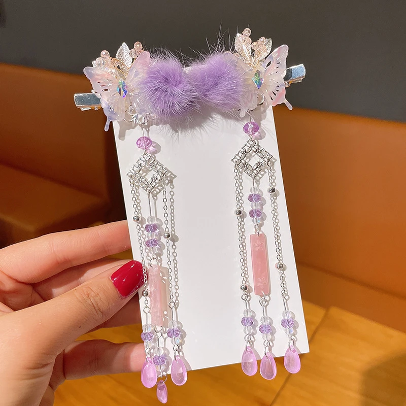 古风儿童发夹汉服古装发饰可爱貂毛女童流苏蝴蝶对夹小女孩发饰品