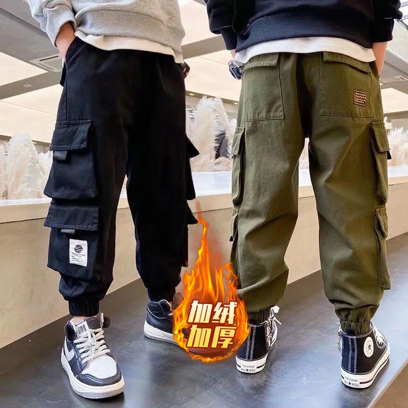 男童加绒工装裤秋冬2024新款儿童潮流宽松长裤中大童多口袋裤子棉