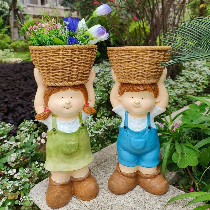 家居树脂摆件花盆 小男孩小女孩工艺品创意可爱玄关户外花园装饰