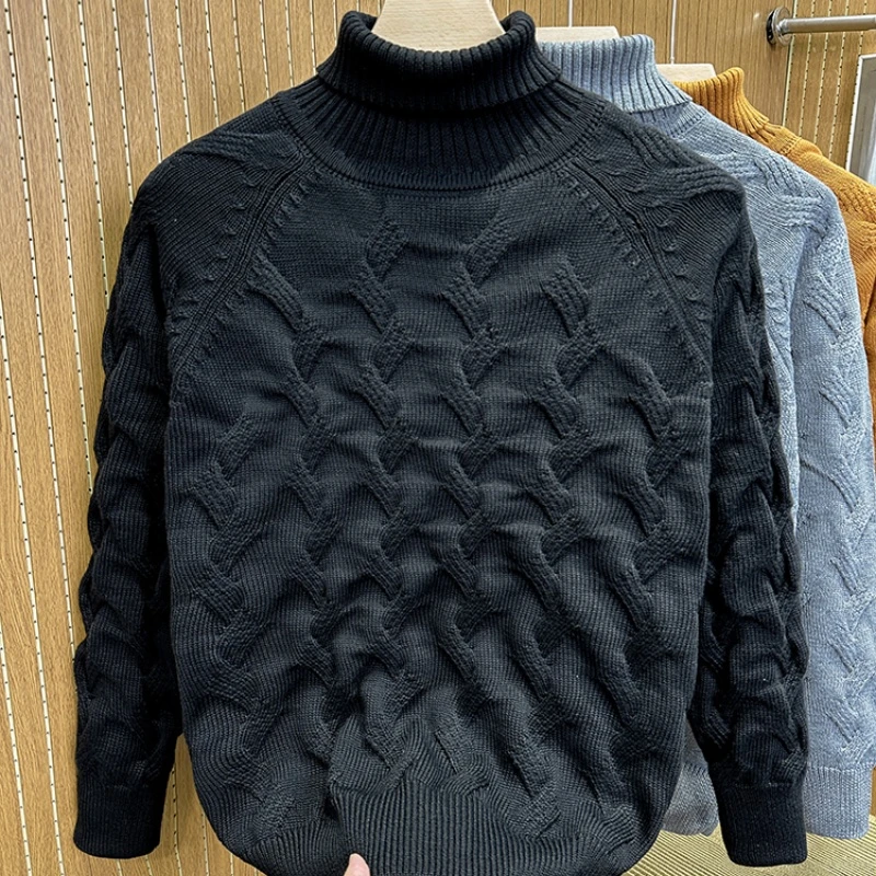 美式男士可翻高领毛衣纯色提花冬季保暖宽松加厚麻花针织羊毛衫潮