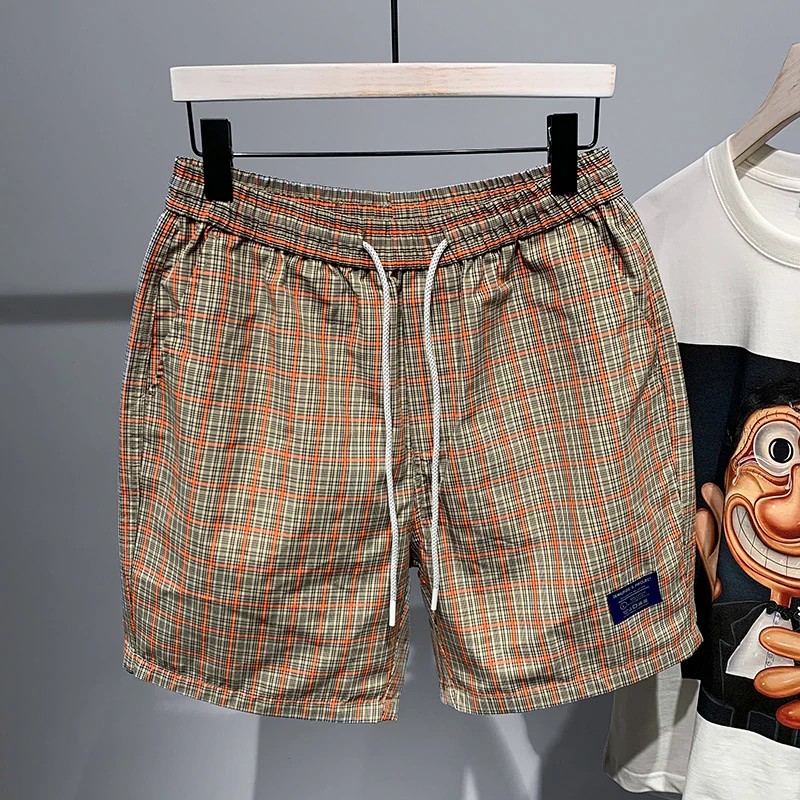 TELINLU休闲裤男夏季 松紧腰抽绳五分裤格子设计款中裤宽松简约裤