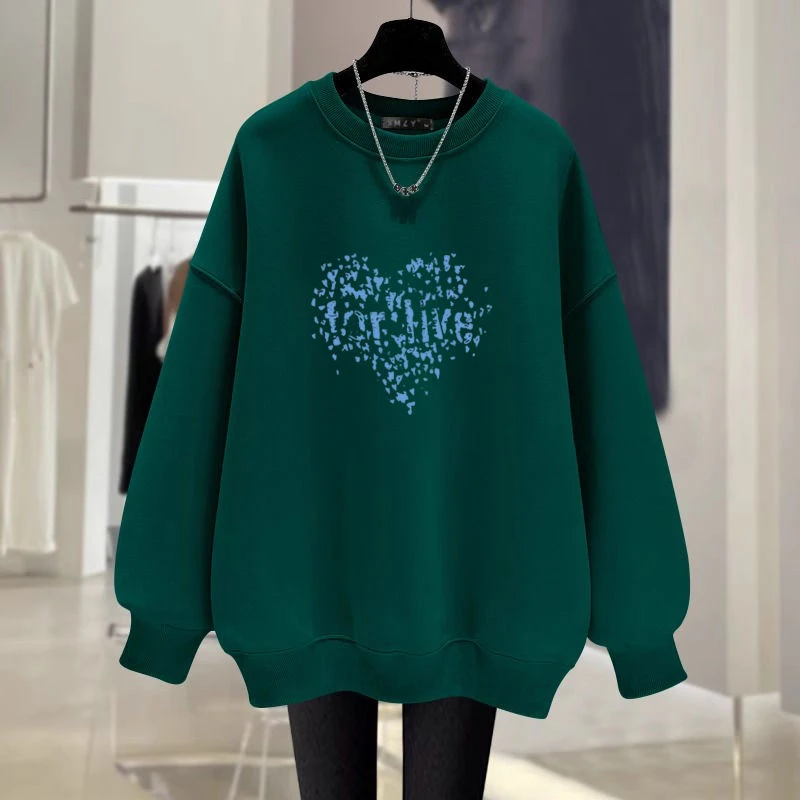 墨绿色圆领卫衣女2024秋冬季新款爆款洋气休闲宽松中长款加绒上衣