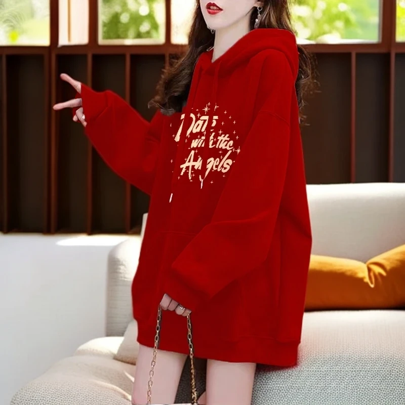 龙年大红色本命年网红洋气衣服连帽卫衣女春秋新款中长款时尚外套