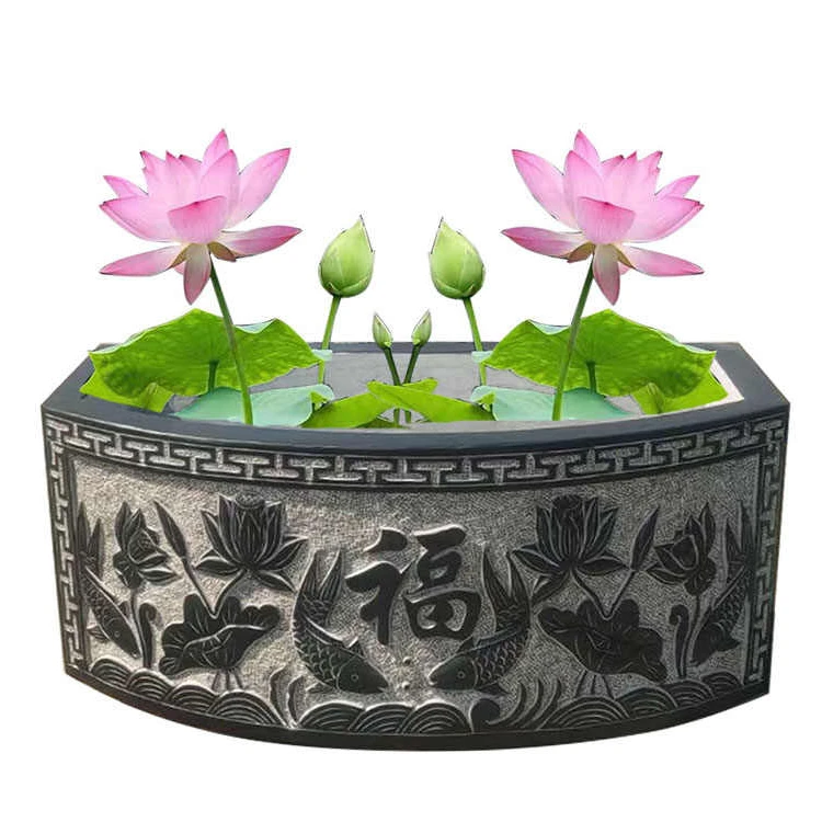 石雕鱼缸 青石半壁缸月牙缸手工花盆养鱼养荷花定制桌面摆设