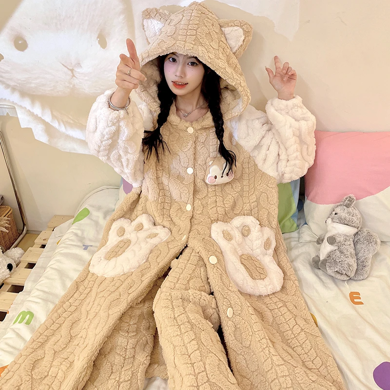新款珊瑚绒睡衣女冬季加厚加绒保暖可爱法兰绒睡袍冬天加长款浴袍