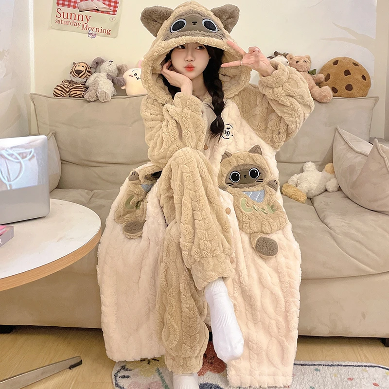 睡袍长款珊瑚绒睡衣女秋冬季款加绒加厚冬天浴袍连帽法兰绒家居服