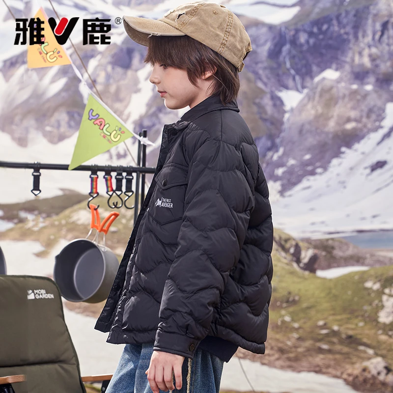 【P-14】休闲时尚保暖衬衫款羽绒服黑色秋冬轻薄儿童萌娃羽绒服