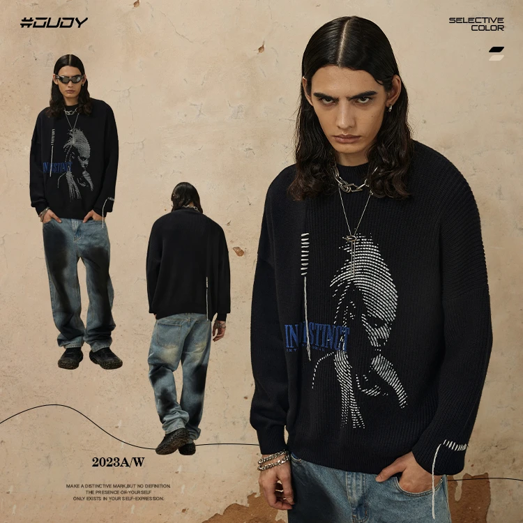 #OVDY炸48美式复古不规则拼接毛衣男女人像图案高街针织衫潮流