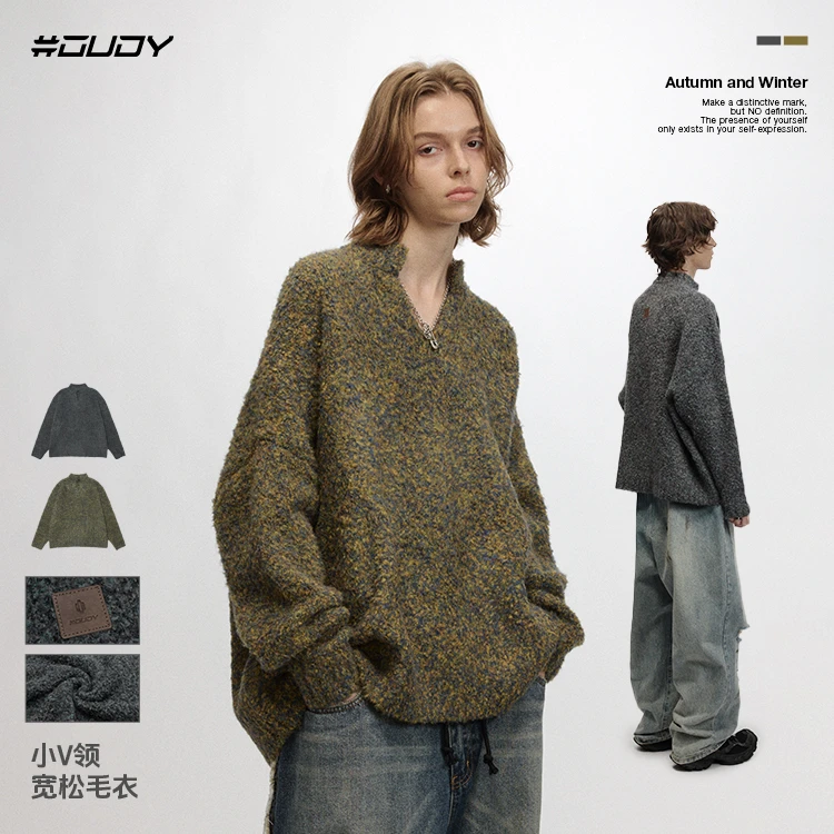 #OVDY炸07潮流原创宽松休闲针织衫皮牌装饰小V领秋冬保暖软糯毛衣