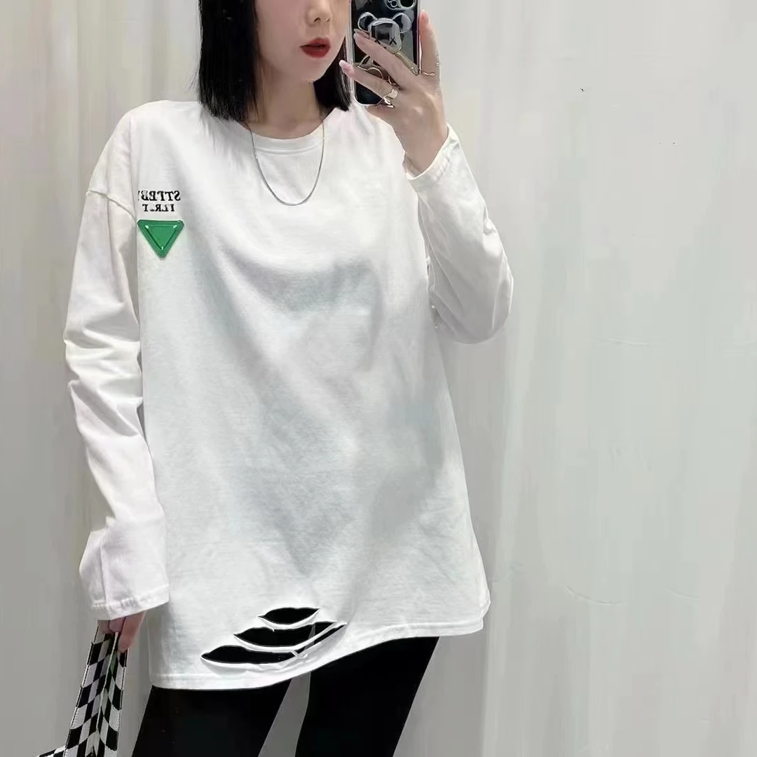 9920秋季新款拼色倒三角纯色宽松时尚百搭打底长袖T恤女