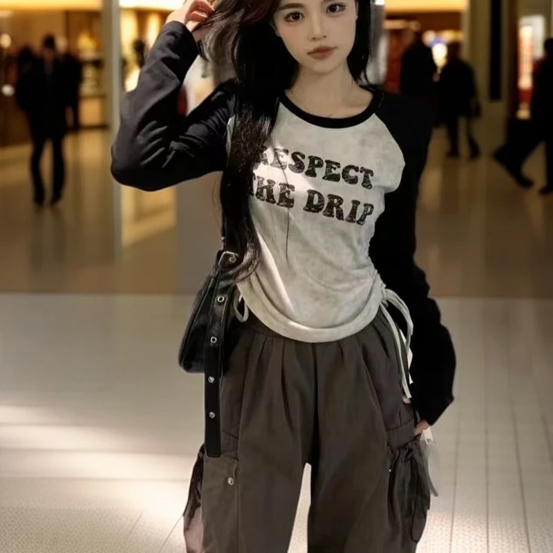 Y55秋季新款设计感小众洋气打底衫内搭撞色抽绳长袖T恤女