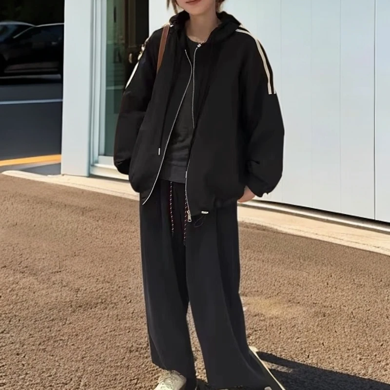 8868秋冬新款撞色条纹夹棉加厚连帽外套女