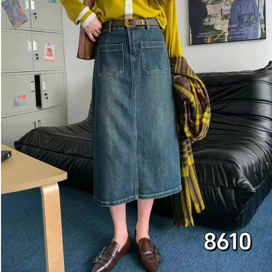 8610韩范儿牛仔裙半身裙中长款高腰显瘦后开叉包臀a字半裙