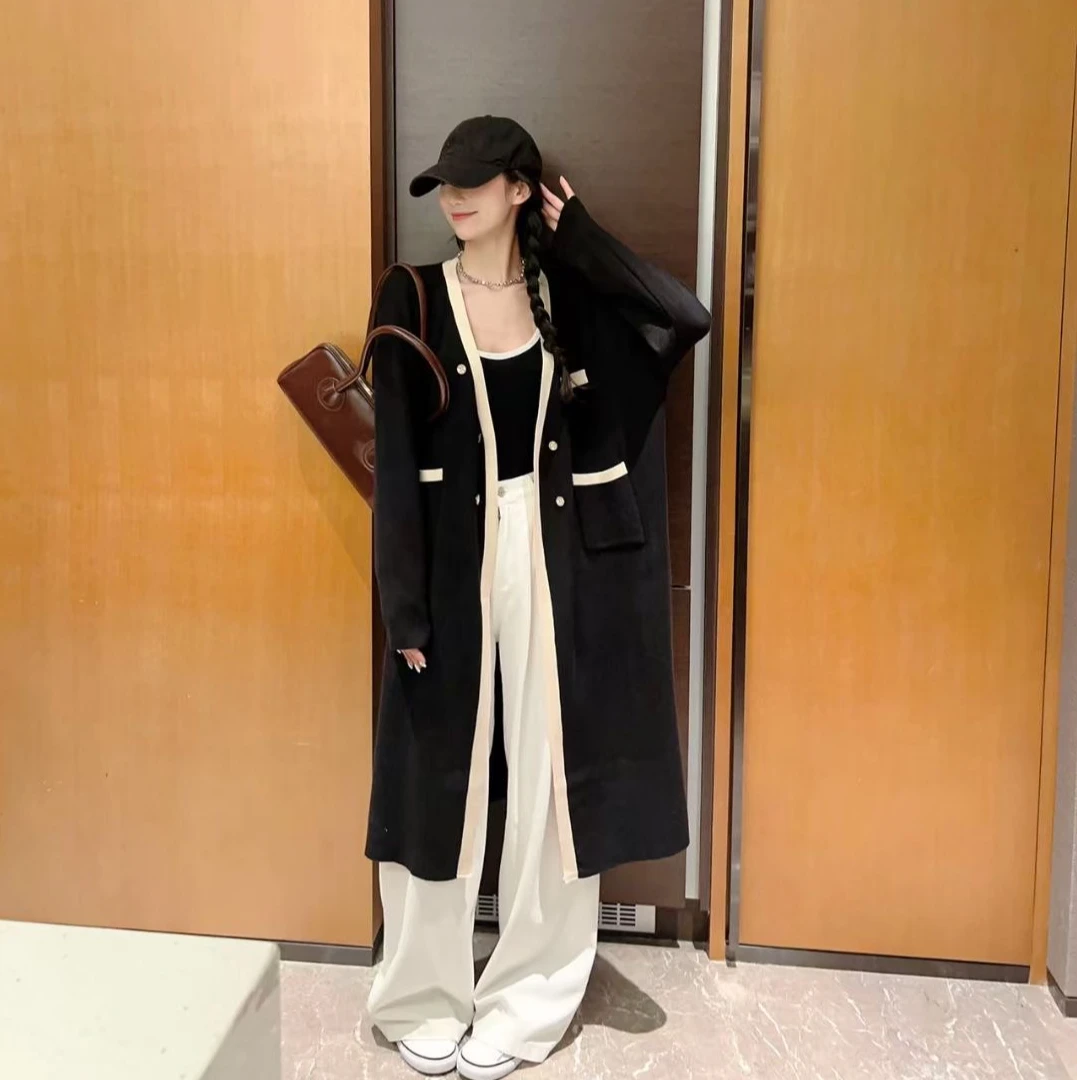 1058秋冬季中长款过膝宽松针织开衫外套女慵懒风纯色毛衣