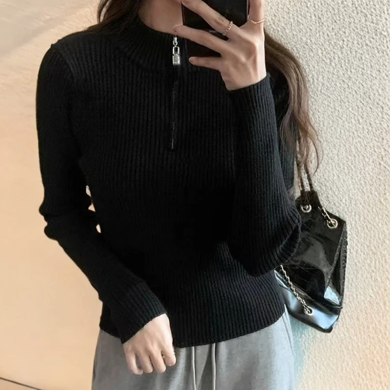 103秋冬新款复古半拉链套头毛衣修身内搭打底半高领针织衫女