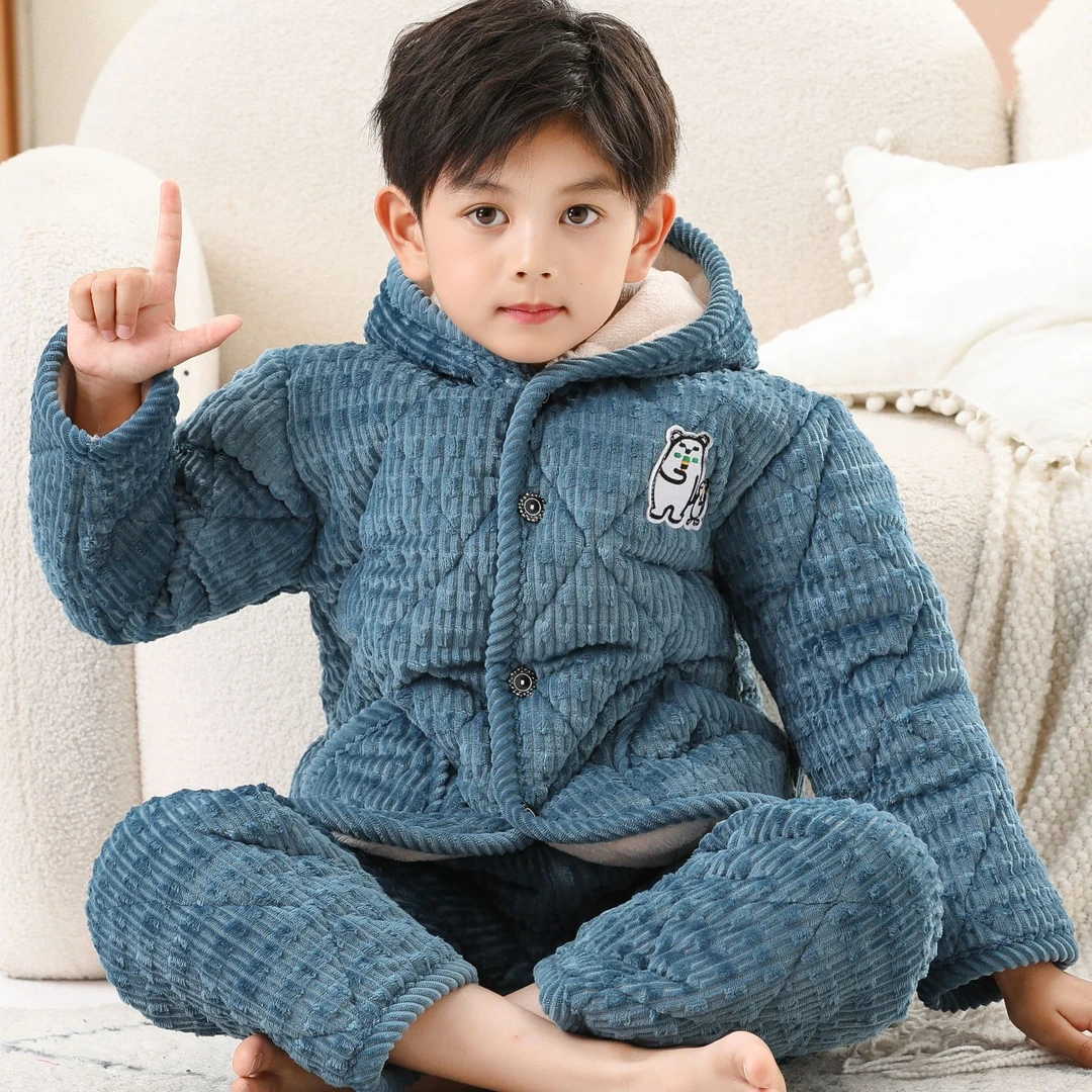 儿童带帽男孩睡衣套装学生棉袄夹棉外穿开衫棉衣居家服宝宝休闲服