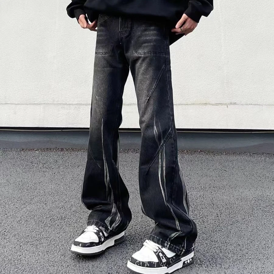 美式复古扎染微喇牛仔裤男高街潮牌黑色水洗痞帅炸街男生男士直筒