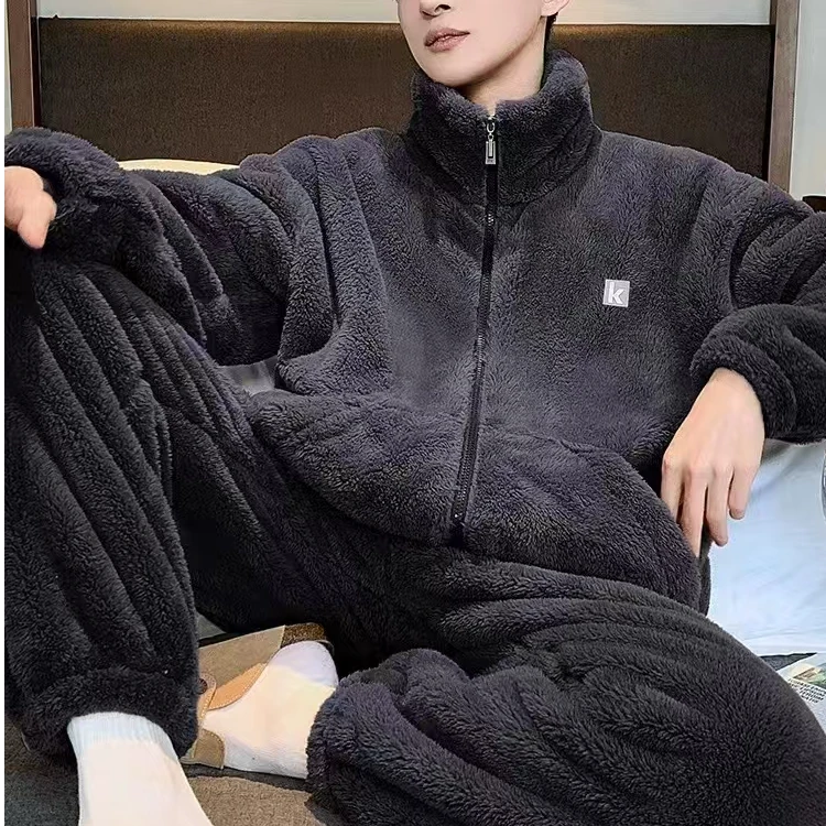 2024冬季加绒加厚可外穿简约大气的男士家居服套装