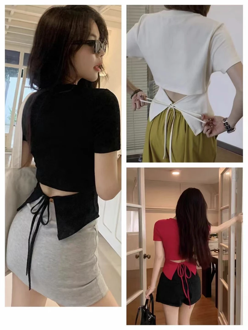港风露腰设计感系带T恤女2024夏季新款洋气圆领上衣潮