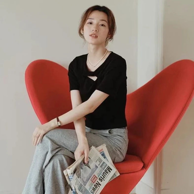 品牌剪标！设计感扭结T恤纯欲风螺纹修身上衣内搭D222(A8-11)