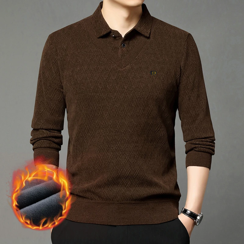 【高品质提花】冬季新款男士加绒加厚假两件毛衣休闲商务男装