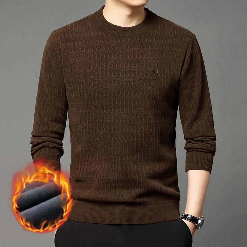 【高品质提花】冬季新款男士加绒加厚保暖圆领毛衣休闲打底衫男装