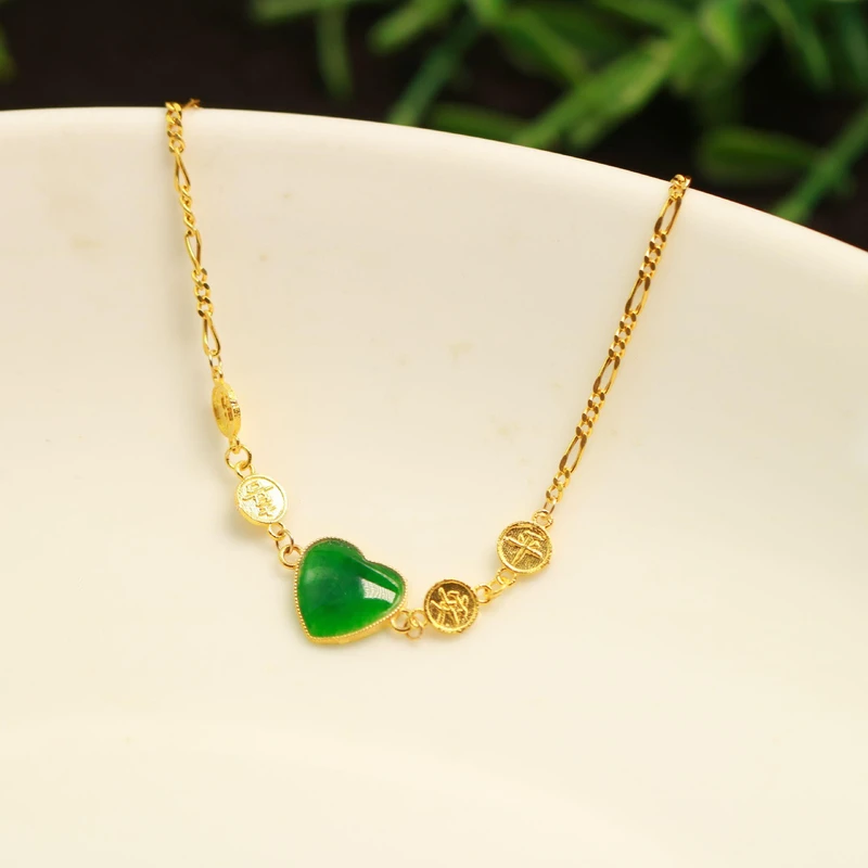 #F017 18K金镶嵌冰种满色辣绿天然A货翡翠桃心手链