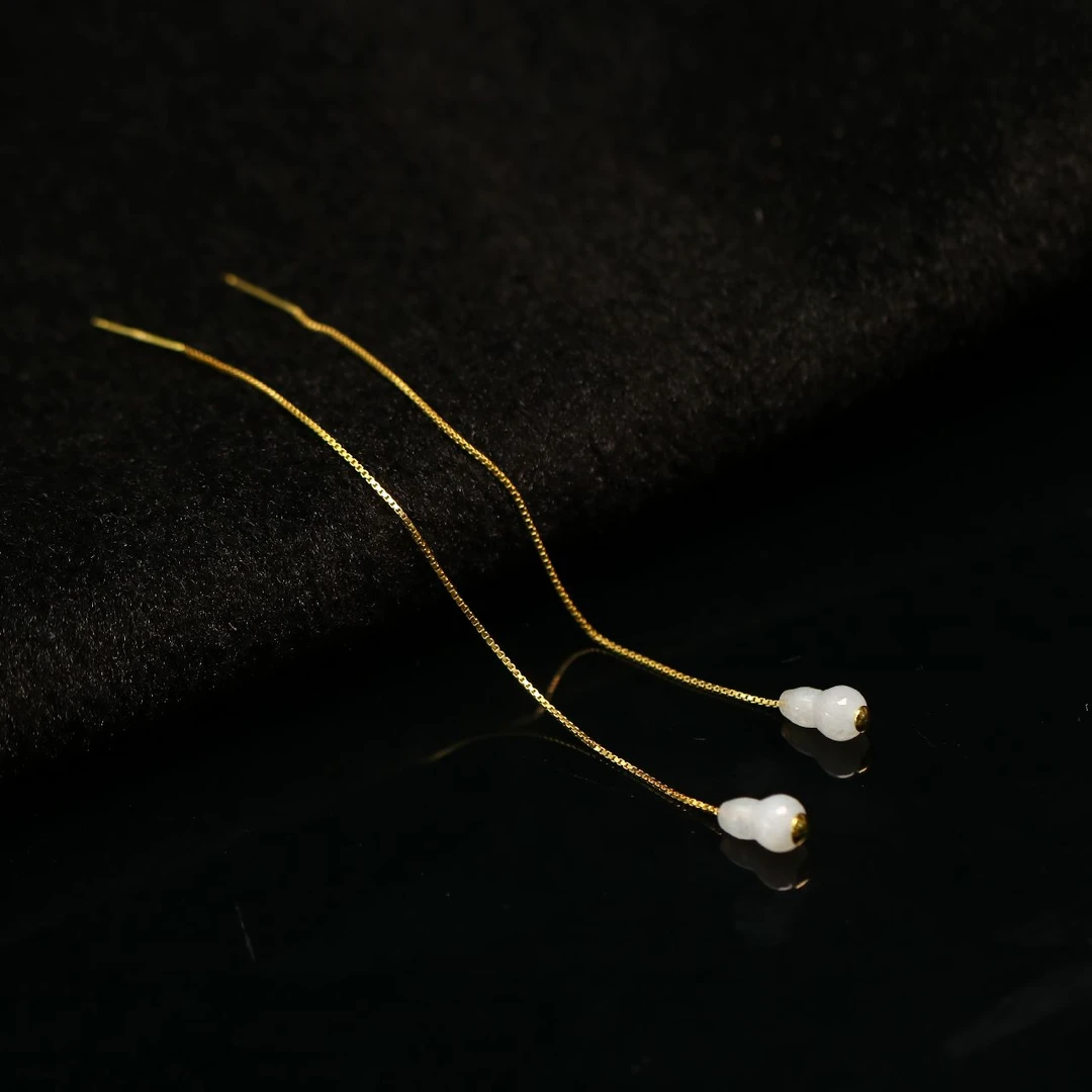 特价亏出一对S925银耳线镶嵌白冰天然A货翡翠福禄耳坠葫芦耳饰