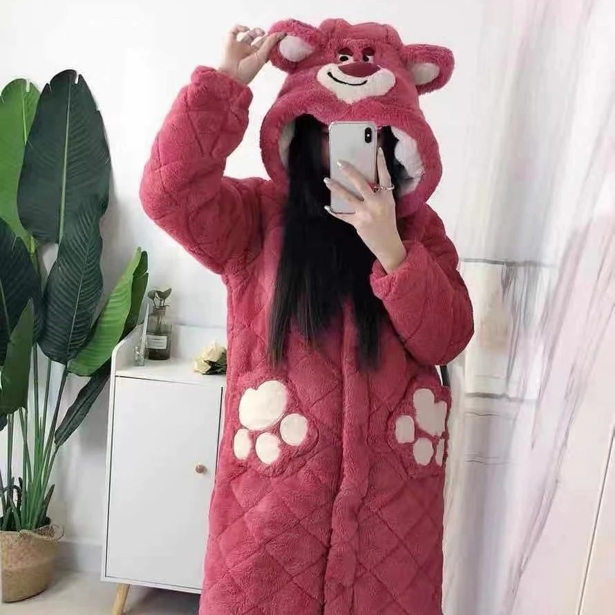 【树莓熊】秋冬季加绒加厚保暖三层夹棉睡袍长款可外穿家居服套装